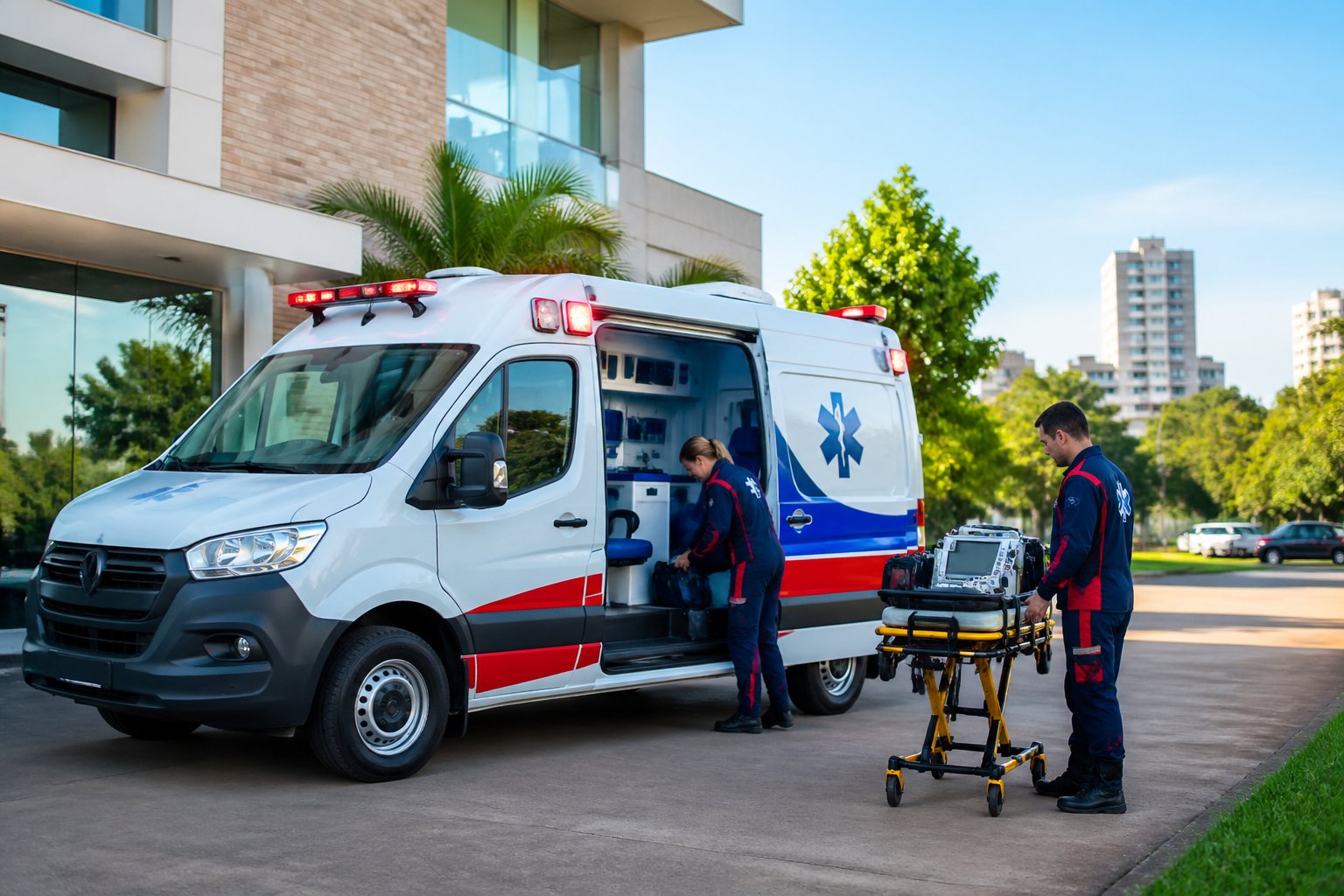Ambulância moderna estacionada em frente a uma unidade de saúde em Mandaguaçu, com profissionais de saúde ao redor preparando equipamentos.