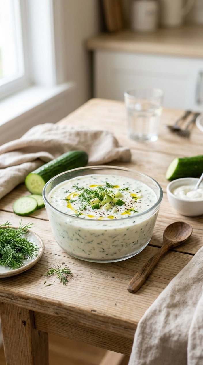 22 Easy Summer Meals That Don't Heat Up the Whole Kitchen 4 A bowl of chilled cucumber and dill soup with fresh ingredients on a wooden table.