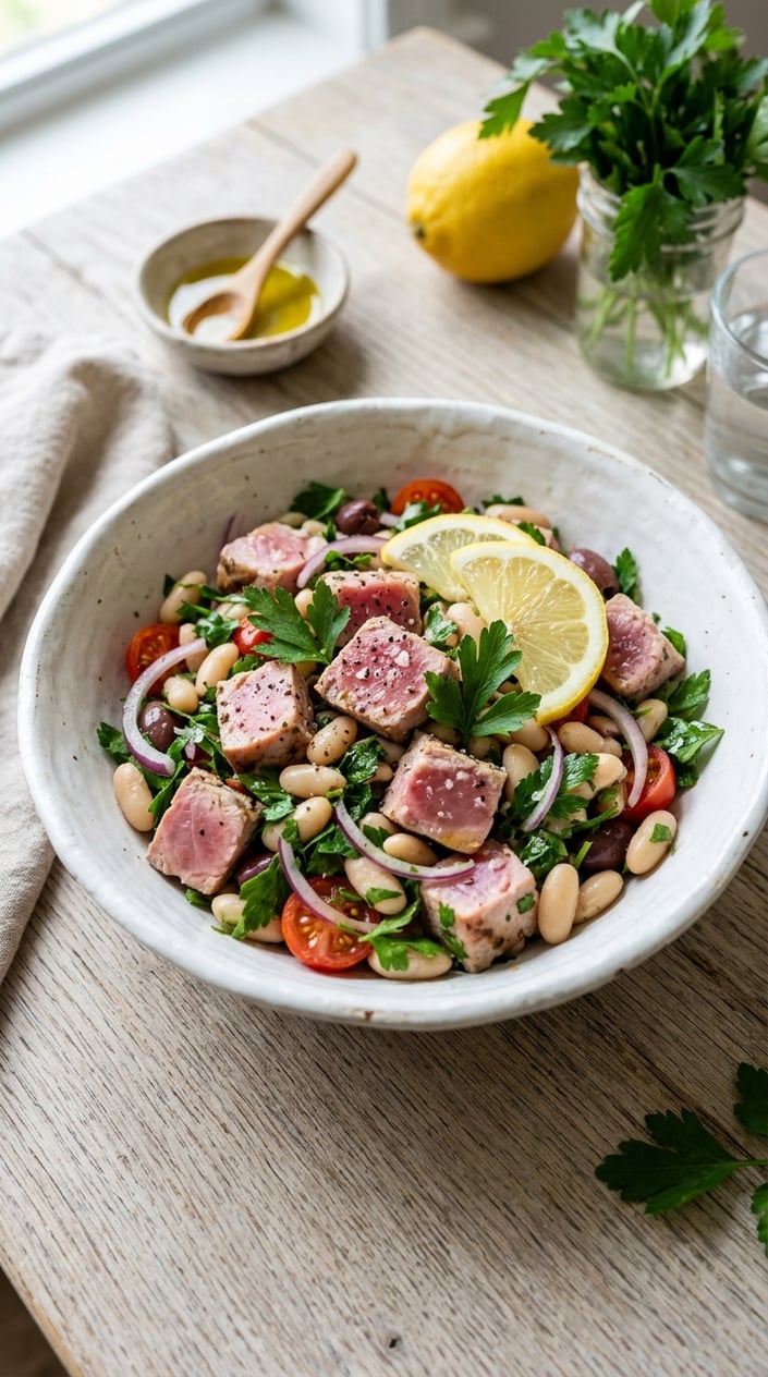 22 Easy Summer Meals That Don't Heat Up the Whole Kitchen 5 A bowl of tuna and white bean salad garnished with lemon slices and parsley on a wooden table.