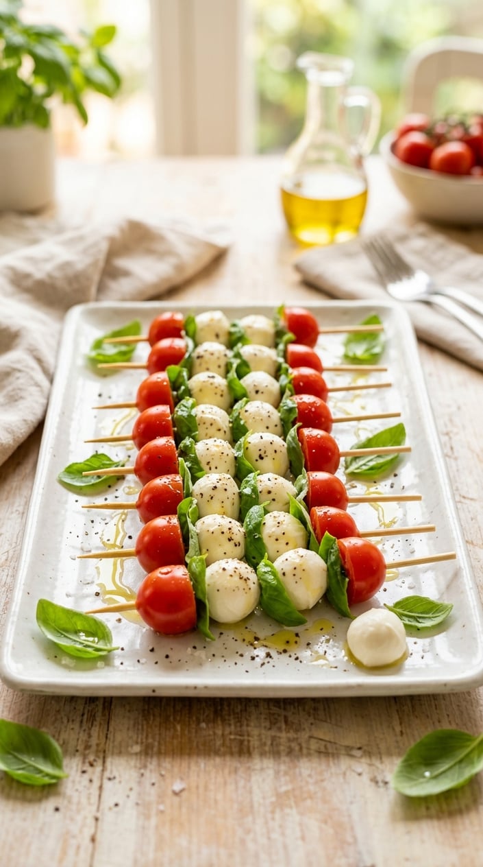 22 Easy Summer Meals That Don't Heat Up the Whole Kitchen 6 A plate of Caprese skewers with cherry tomatoes, basil leaves, and mozzarella balls arranged neatly.