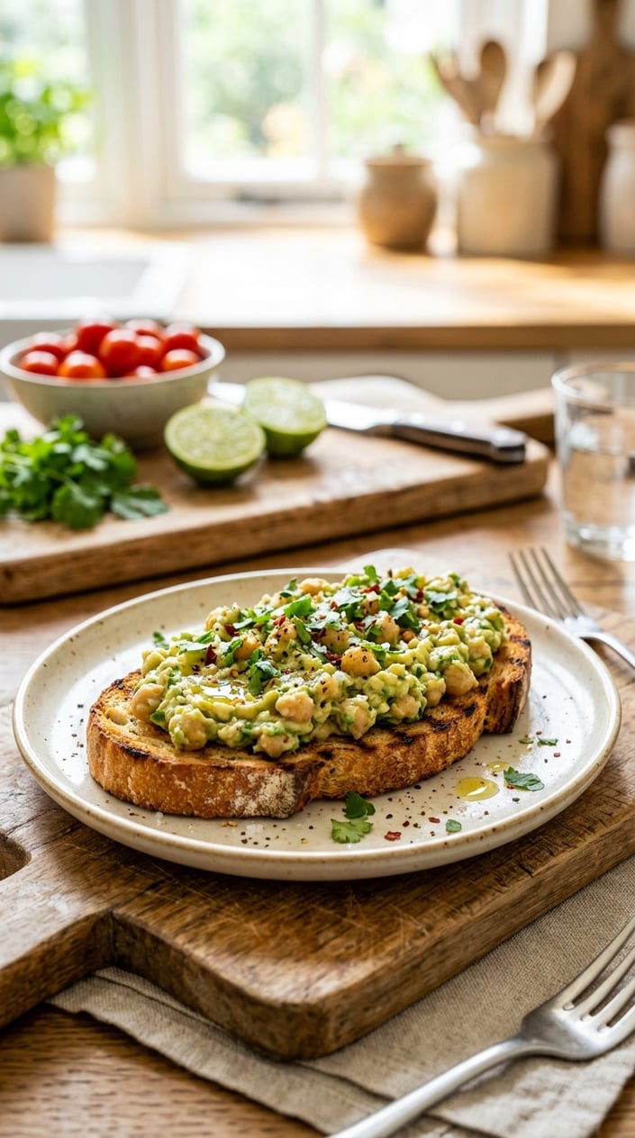22 Easy Summer Meals That Don't Heat Up the Whole Kitchen 7 A slice of toasted sourdough topped with avocado chickpea smash garnished with herbs on a wooden board.
