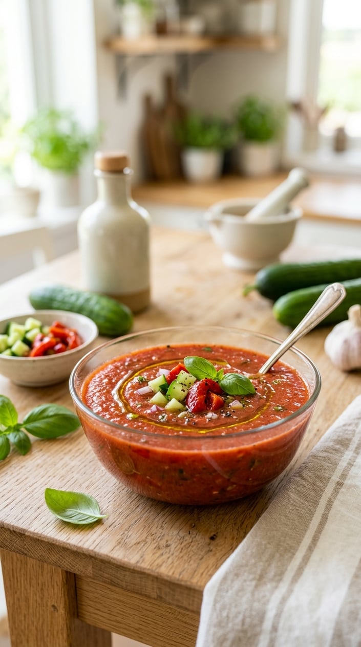 22 Easy Summer Meals That Don't Heat Up the Whole Kitchen 8 A bowl of gazpacho soup with roasted red pepper and cucumber on a wooden table surrounded by fresh vegetables.