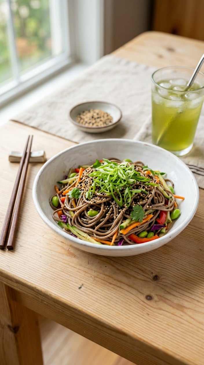 22 Easy Summer Meals That Don't Heat Up the Whole Kitchen 9 A bowl of cold sesame soba noodle salad garnished with sliced scallions on a wooden table with chopsticks and a glass of iced tea nearby.
