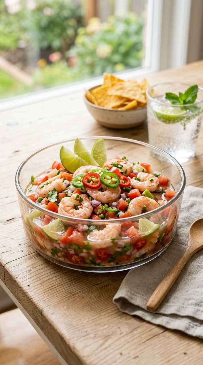 22 Easy Summer Meals That Don't Heat Up the Whole Kitchen 10 A bowl of shrimp ceviche with lime wedges and jalapeño slices on a wooden table, accompanied by tortilla chips and a glass of water.
