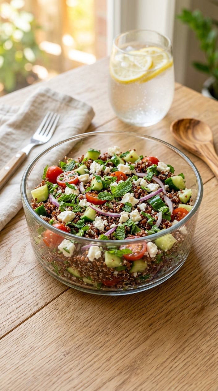 22 Easy Summer Meals That Don't Heat Up the Whole Kitchen 11 A bowl of colorful quinoa salad with feta cheese and fresh mint on a wooden table.