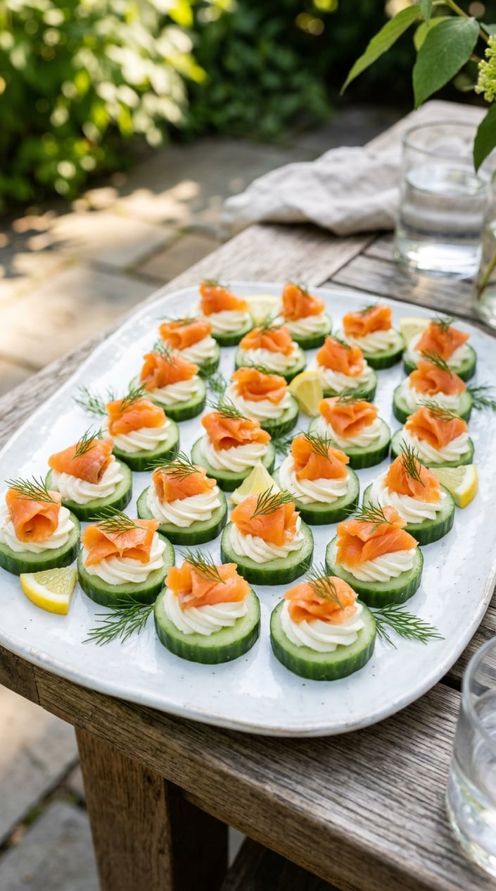 22 Easy Summer Meals That Don't Heat Up the Whole Kitchen 12 A platter of cucumber slices topped with cream cheese and smoked salmon garnished with dill and lemon wedges.