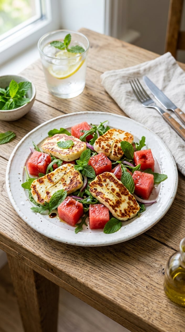 22 Easy Summer Meals That Don't Heat Up the Whole Kitchen 13 Plate of grilled halloumi cheese and watermelon salad with mint on a wooden table.