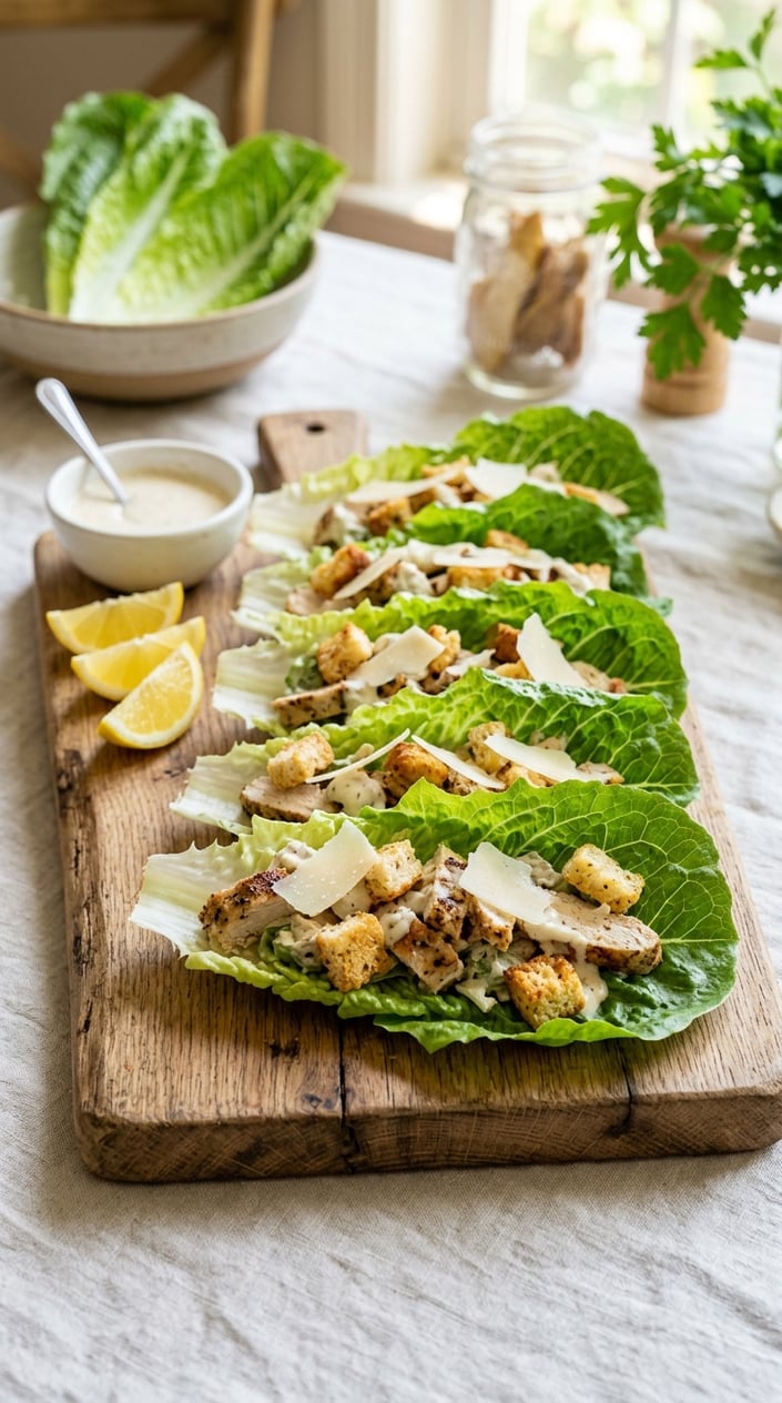 22 Easy Summer Meals That Don't Heat Up the Whole Kitchen 14 Chicken Caesar lettuce wraps on a wooden board with lemon wedges and a bowl of dressing on a light table.