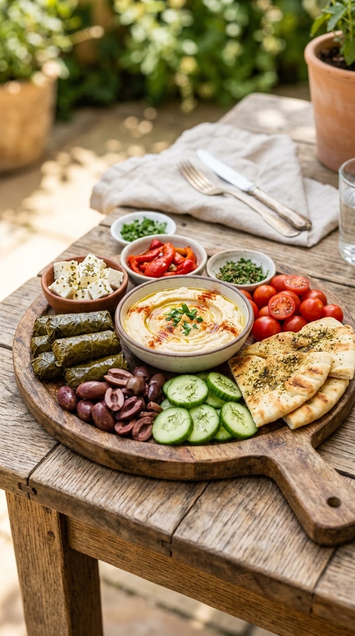 22 Easy Summer Meals That Don't Heat Up the Whole Kitchen 15 A Mediterranean mezze platter with hummus, dolmas, cucumbers, tomatoes, olives, and pita bread on a wooden table.