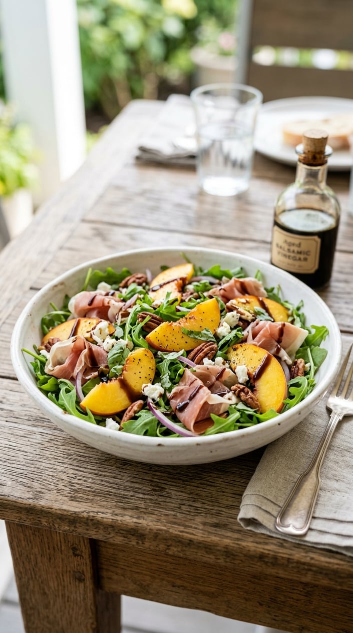 22 Easy Summer Meals That Don't Heat Up the Whole Kitchen 16 A bowl of peach and prosciutto arugula salad with balsamic glaze on a wooden table.