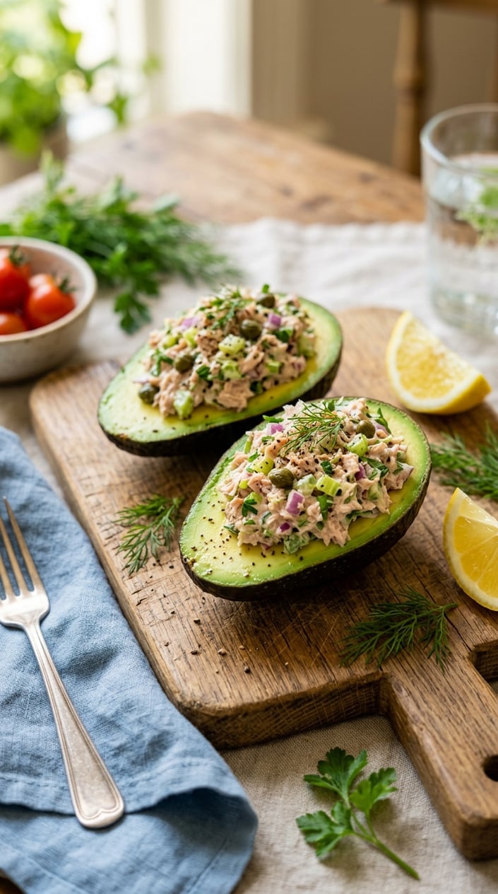 22 Easy Summer Meals That Don't Heat Up the Whole Kitchen 17 Two avocado halves stuffed with tuna salad containing celery and capers, placed on a wooden board with fresh herbs and lemon wedges in the background.