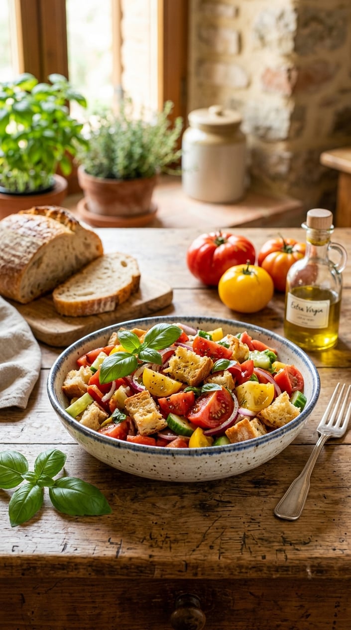 22 Easy Summer Meals That Don't Heat Up the Whole Kitchen 18 A bowl of panzanella salad with bread cubes, ripe tomatoes, basil, and onions on a wooden table with fresh ingredients around it.