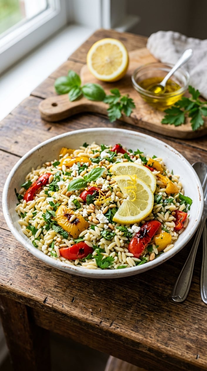 22 Easy Summer Meals That Don't Heat Up the Whole Kitchen 19 A bowl of lemon-herb orzo salad with roasted red and yellow peppers on a wooden table with fresh herbs and lemon slices nearby.