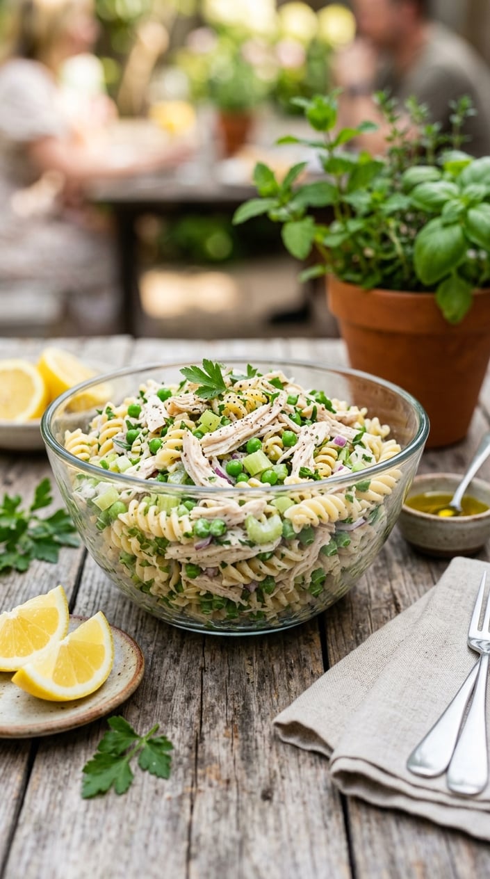 22 Easy Summer Meals That Don't Heat Up the Whole Kitchen 20 A bowl of cold rotisserie chicken pasta salad with peas on a wooden table, surrounded by lemon wedges and kitchen items.