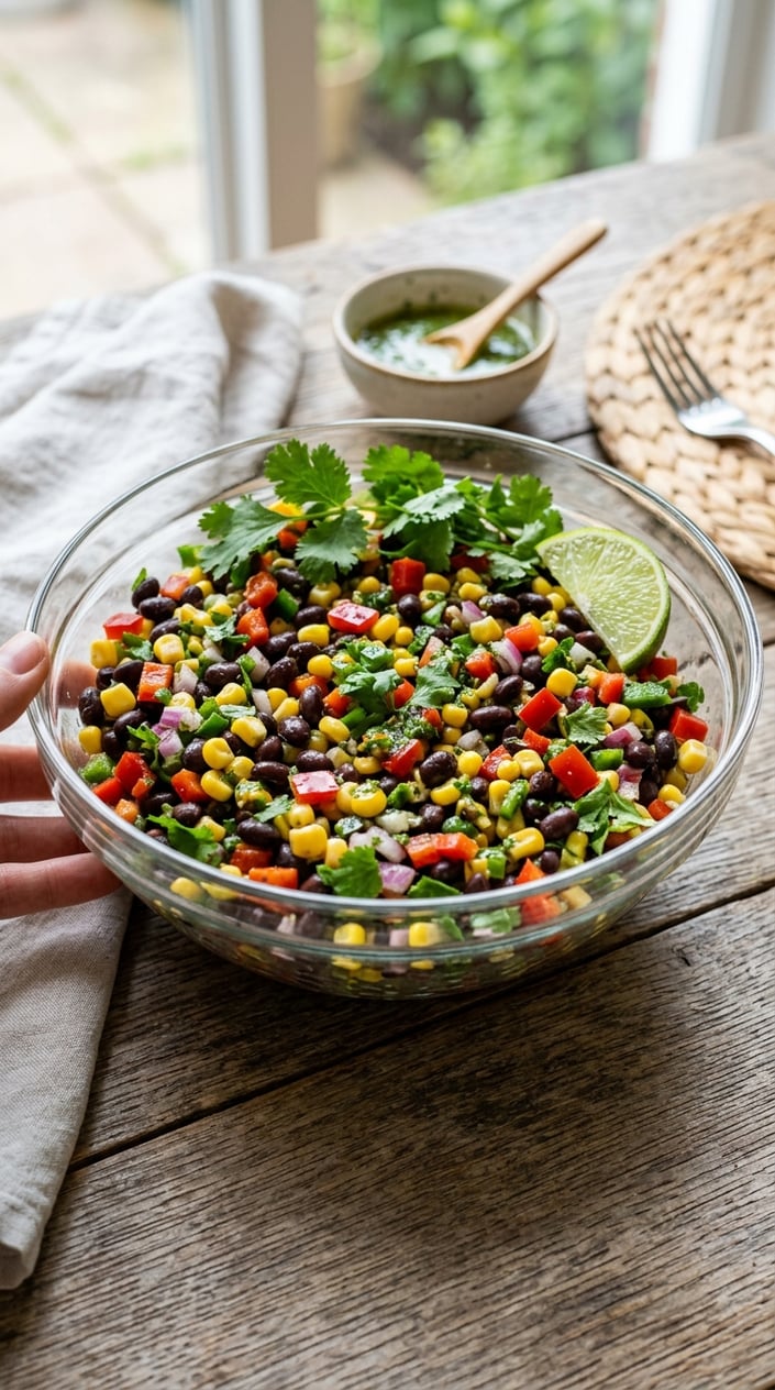 22 Easy Summer Meals That Don't Heat Up the Whole Kitchen 21 A bowl of black bean and corn salad with cilantro and lime dressing on a wooden table.