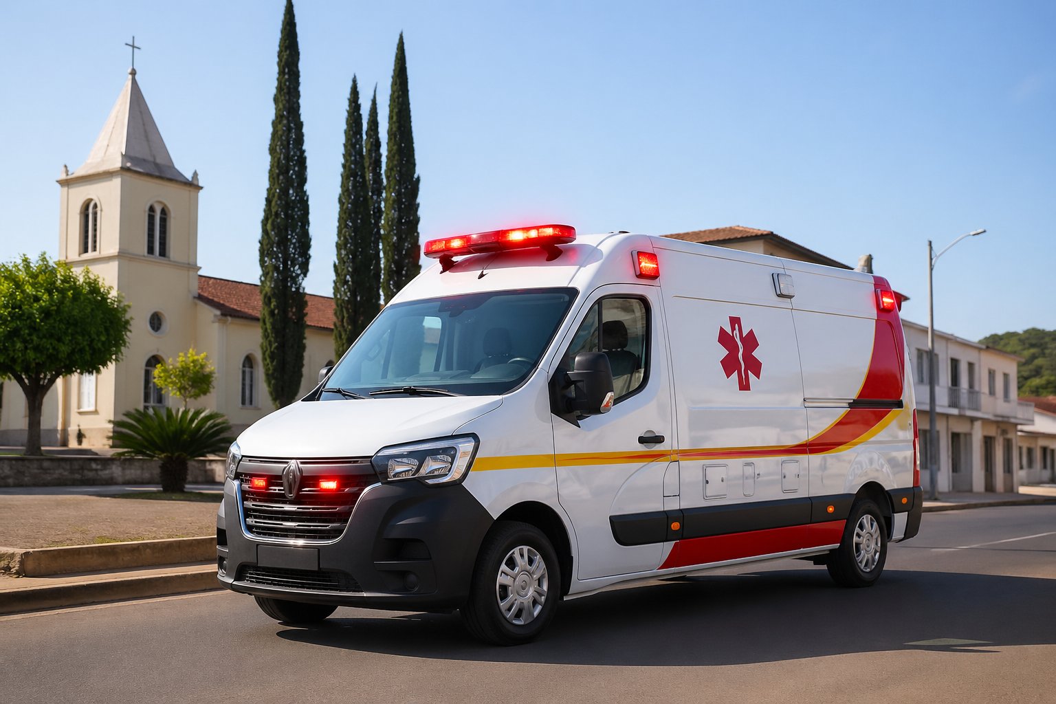 Ambulância em São Jorge do Ivaí: Serviços de Emergência Médica e Atendimento Rápido na Região Uma ambulância branca com marcações vermelhas e amarelas estacionada em uma rua de São Jorge do Ivaí durante o dia, com árvores e prédios ao fundo.
