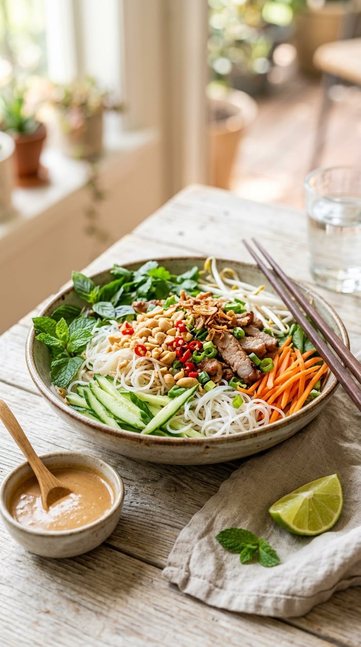 22 Easy Summer Meals That Don't Heat Up the Whole Kitchen 22 A bowl of Vietnamese rice noodle salad with fresh herbs, vegetables, crushed peanuts, and a small bowl of peanut dressing on a wooden table.