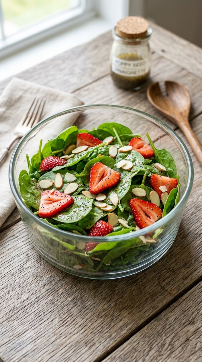 22 Easy Summer Meals That Don't Heat Up the Whole Kitchen 23 A bowl of spinach and strawberry salad with poppy seed dressing on a wooden table.