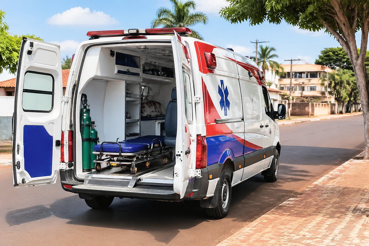 Ambulância em São Jorge do Ivaí: Serviços de Emergência Médica e Atendimento Rápido na Região Ambulância branca com marcações de emergência estacionada em uma rua urbana de São Jorge do Ivaí, com árvores e prédios ao fundo.