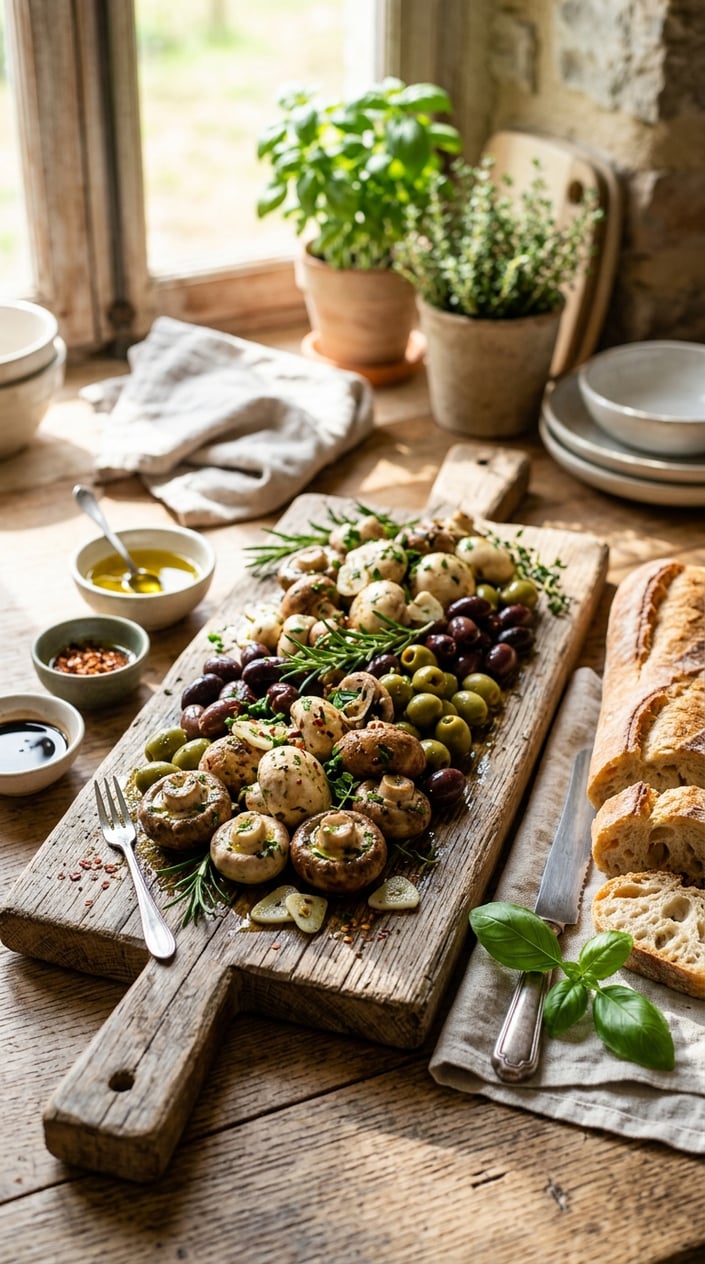 22 Easy Summer Meals That Don't Heat Up the Whole Kitchen 24 A wooden board with marinated mushrooms and olives, garnished with fresh herbs and accompanied by sliced bread and small bowls of olive oil.