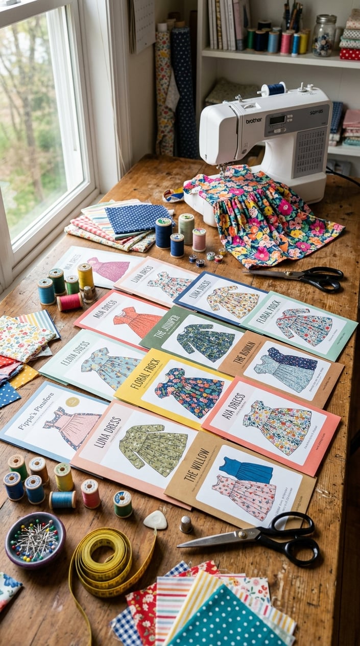 A tidy sewing workspace with kids' dress pattern pieces fanned out on a wooden table alongside a rotary cutter, measuring tape, and a sewing machine with a partially sewn dress in soft pink fabric.