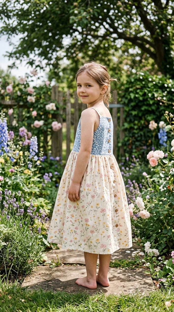 A young girl in a breezy light-yellow sundress with small white buttons running down the back, standing in a sunlit garden with green foliage behind her.