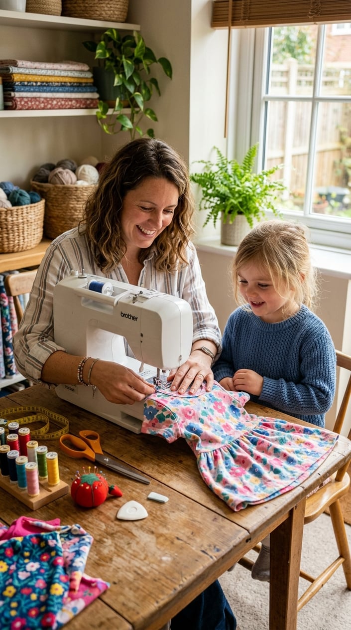 A mother and young daughter sitting together at a sewing table, working with a striped cotton T-shirt laid flat alongside scissors and a measuring tape.