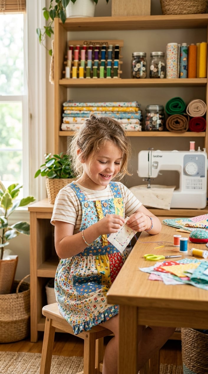 A child in a brick-red pinafore jumper worn over a white long-sleeve shirt, seated at a sewing table surrounded by colorful spools of thread and patterned fabric.