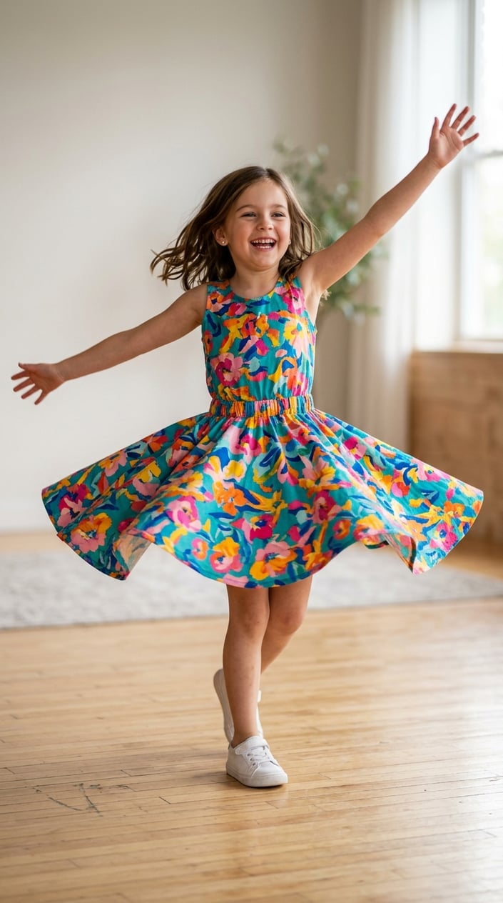 A young girl mid-twirl in a floral circle skirt dress, the full skirt flaring out in a wide arc around her as she smiles with her arms out.