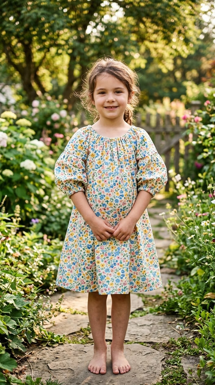 A young girl standing outside in a loose-fitting floral peasant dress with gathered puff sleeves and an elasticized neckline, smiling with her hair loose.