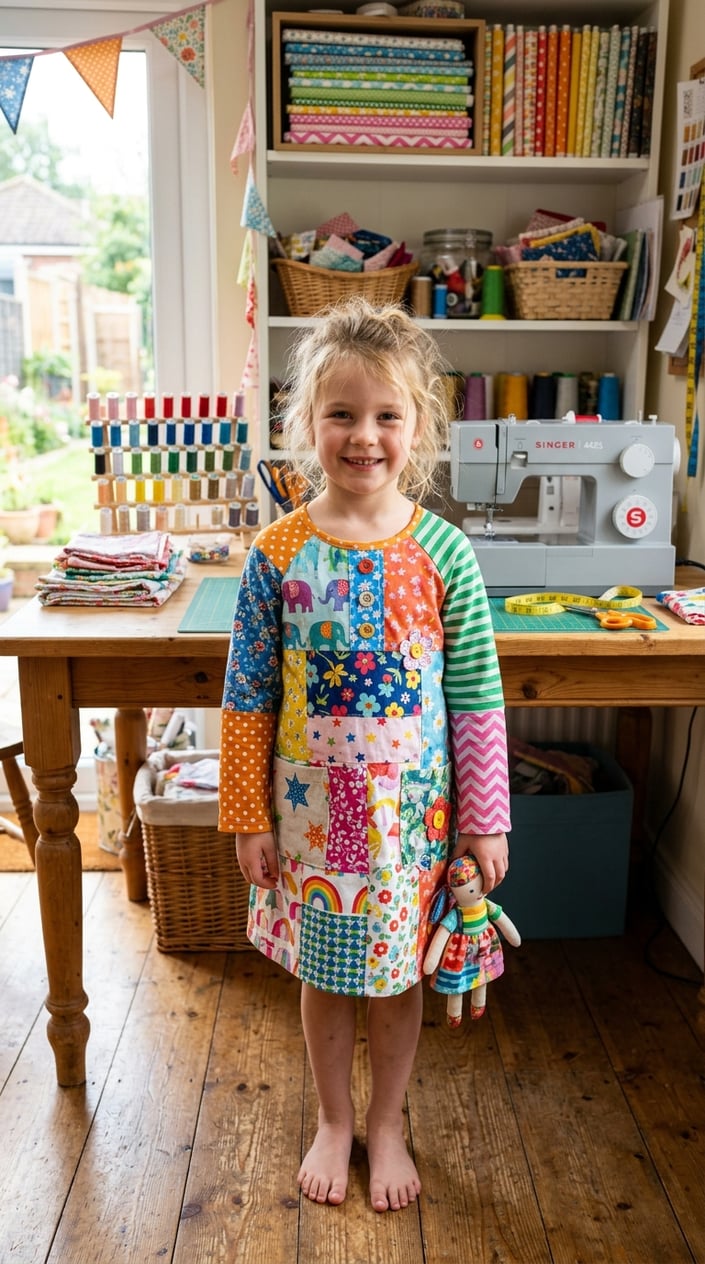 A young girl in a colorblock raglan-sleeve dress, the sleeves in a contrasting coral fabric against a white bodice, standing in a room with folded fabric stacks visible on shelves behind her.