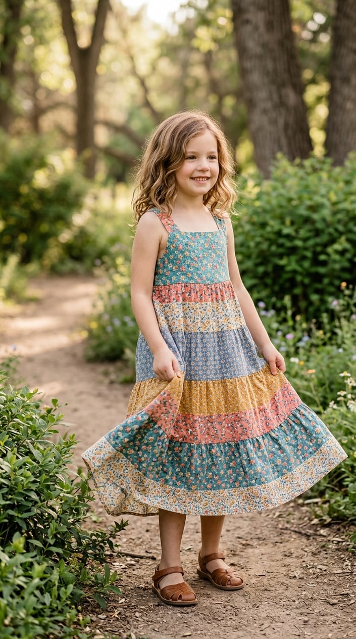 A young girl in a three-tiered maxi dress in a colorful small-print cotton, standing outdoors with trees softly blurred in the background.