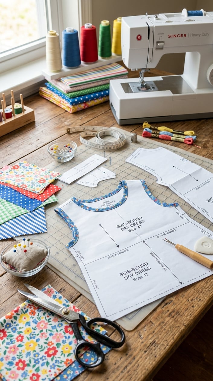 A flat-lay sewing workspace with a partially cut children's dress bodice in white cotton, surrounded by a rotary cutter, bias tape in two colors, and pattern tissue paper on a wooden table.