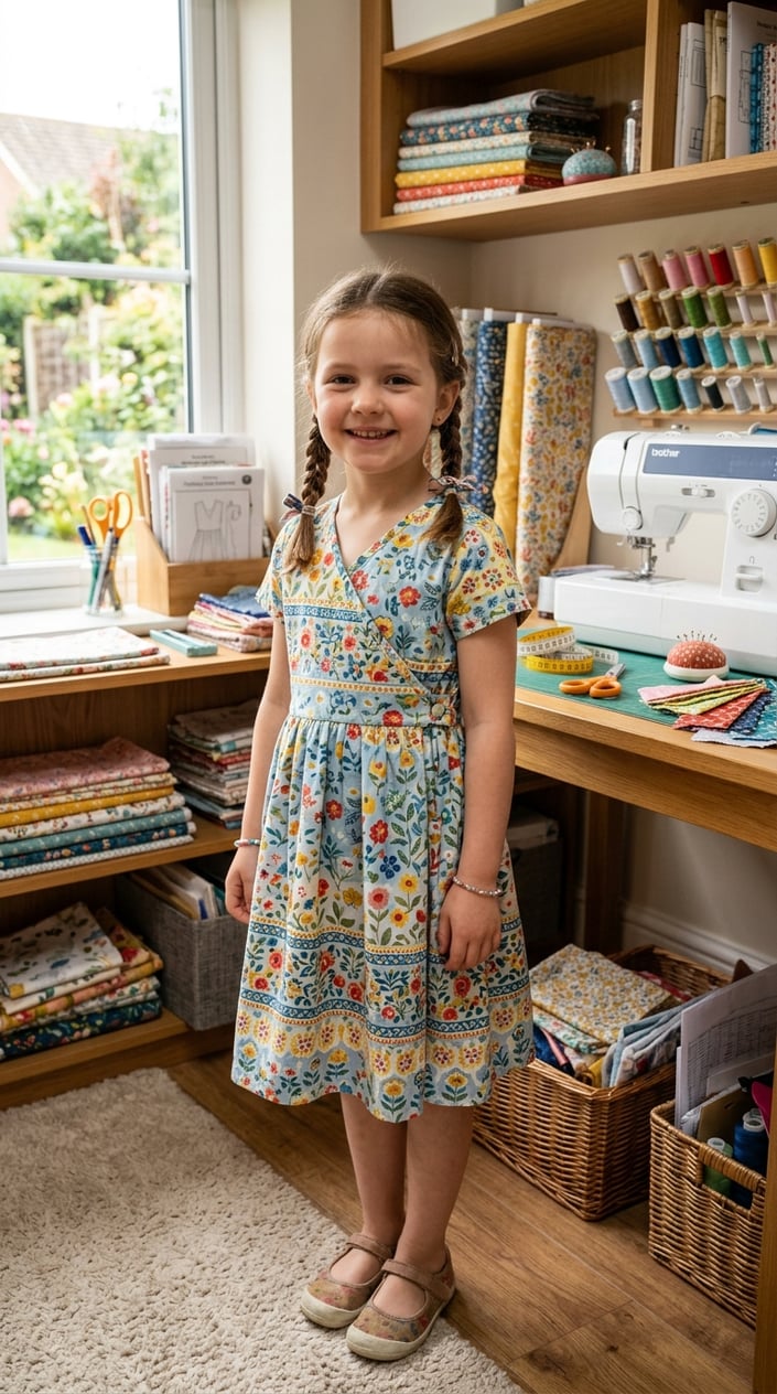 A young girl in a mock wrap dress in a small-print Liberty-style cotton, the faux overlap front secured with a hidden snap at the waist, standing in a well-lit room.