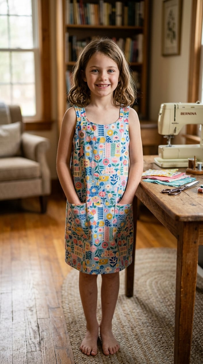 A young girl standing indoors in a cornflower-blue shift dress, both hands tucked into the side seam pockets, smiling directly at the camera.