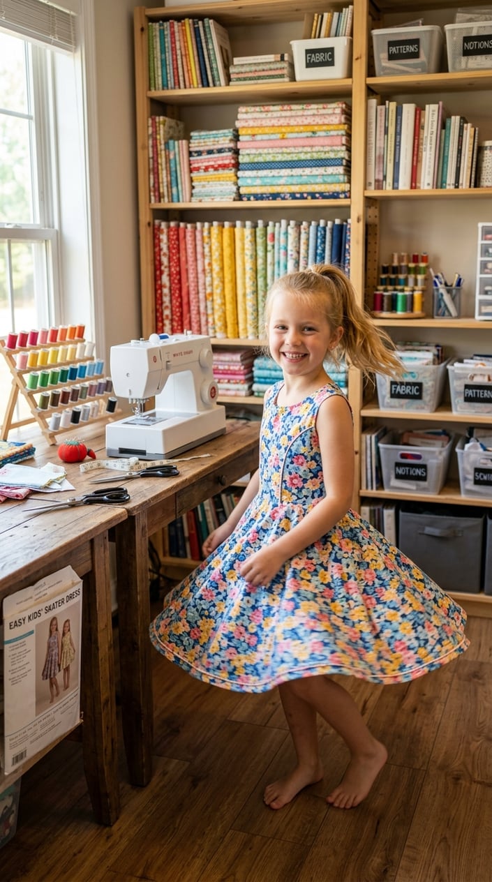A young girl in a full-skirted skater dress in a bright geometric print cotton, the fitted bodice lined in a coordinating solid, standing in a sewing room with a dress form visible behind her.