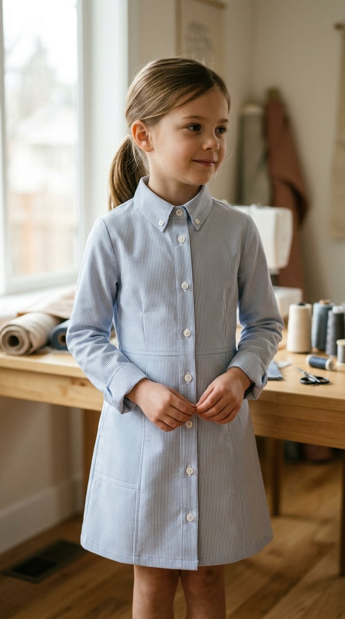 A young girl in a crisp chambray button-front shirt dress with a collar and a slightly A-line skirt, standing indoors with a blurred bookshelf behind her.