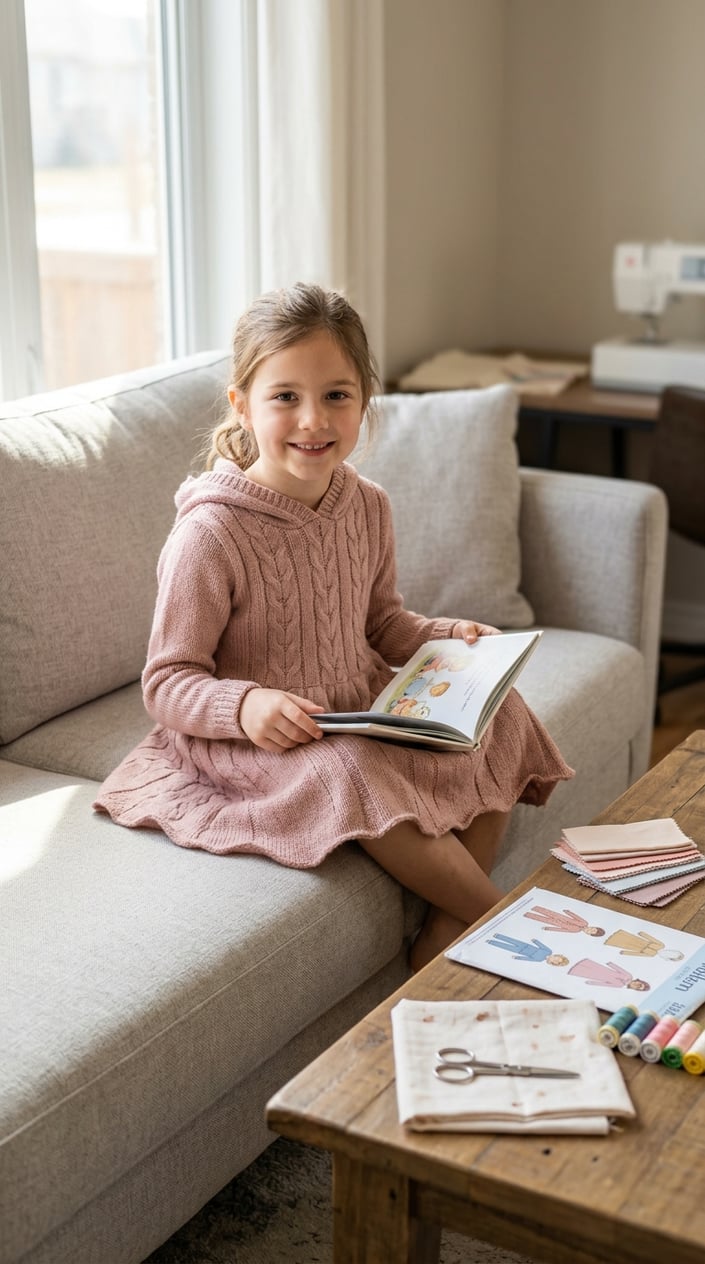 A young girl in a heather-grey sweater-knit hoodie dress curled on a cream couch, the hood pulled loosely around her shoulders, with afternoon light coming through a window.