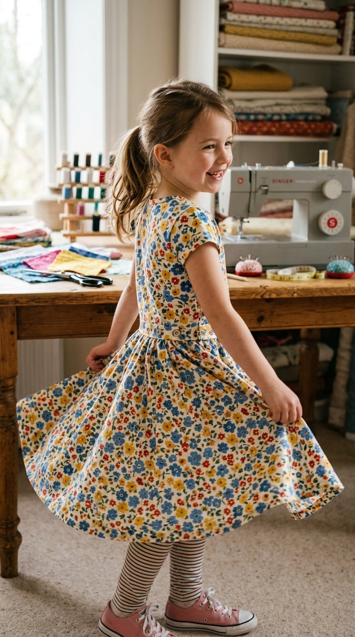 A young girl in a convertible dress with visible snap tabs at the waistline, styled as a full dress, standing in a sewing room with a cutting mat and fabric rolls visible on the table behind her.
