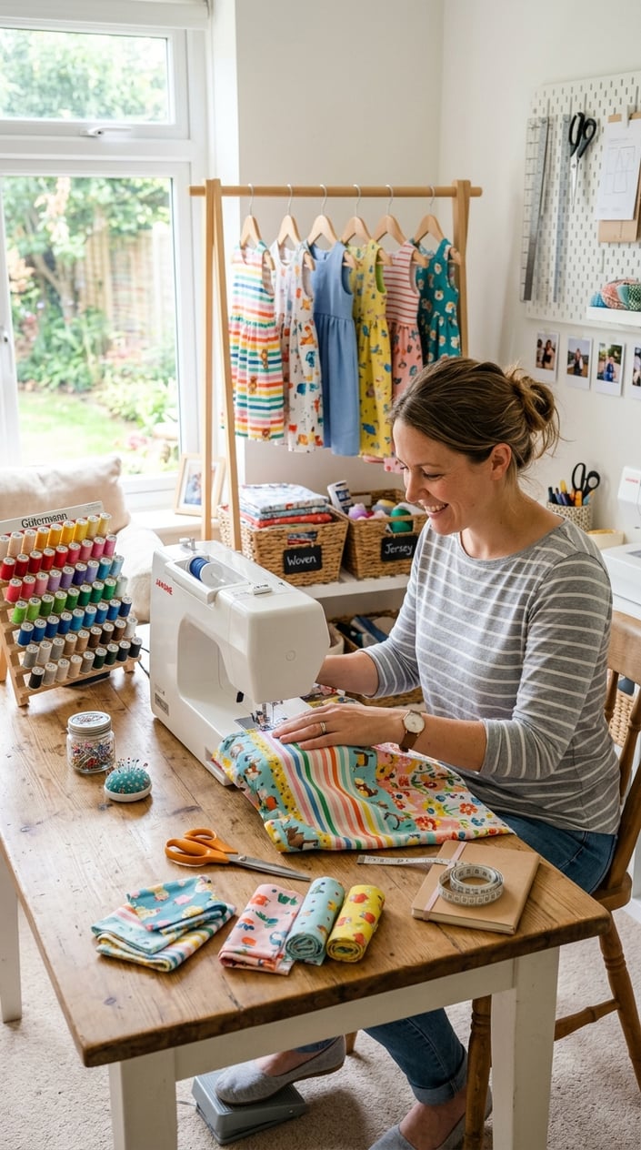 A woman sewing at a well-organized sewing station, a colorful kids' dress pinned to a dress form in the background, with a clear bin of sorted notions and a cutting mat on the table.