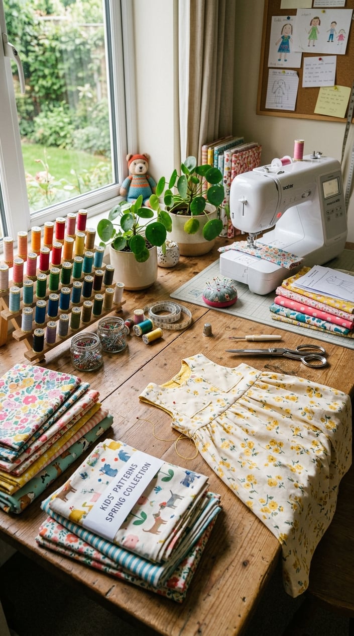 A flat-lay of children's dress fabrics in various prints and weights — a floral quilting cotton, a stripe jersey, a chambray, and a soft French terry — arranged on a wooden cutting table with scissors and thread nearby.