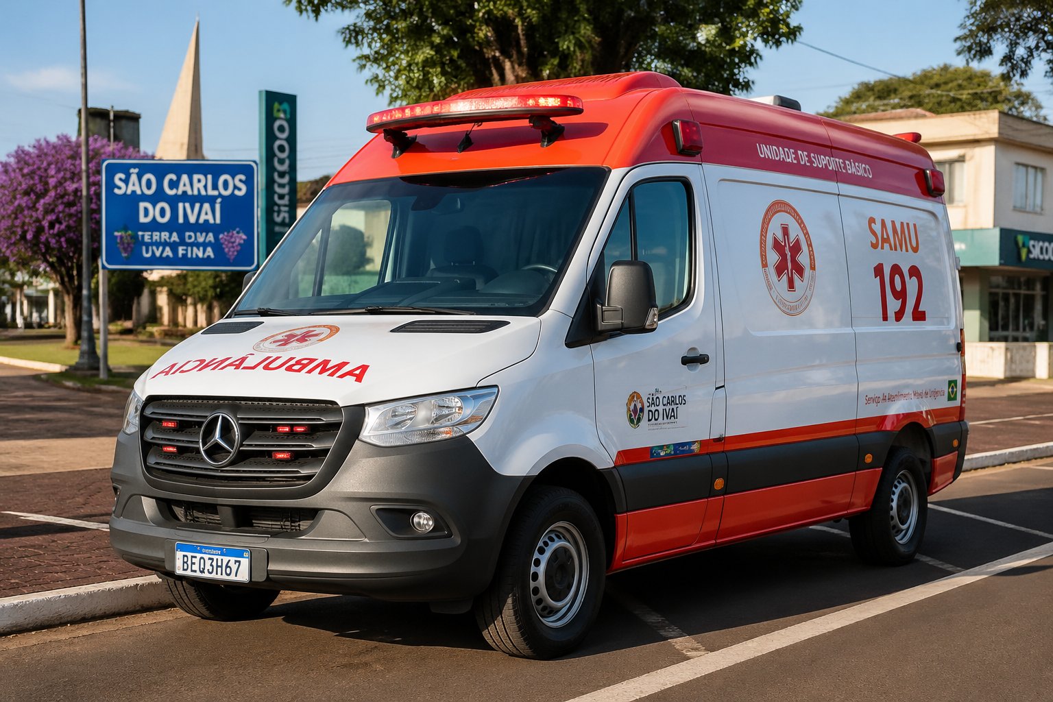 Ambulância moderna estacionada em uma rua urbana limpa em São Carlos do Ivaí, com árvores e prédios ao fundo.