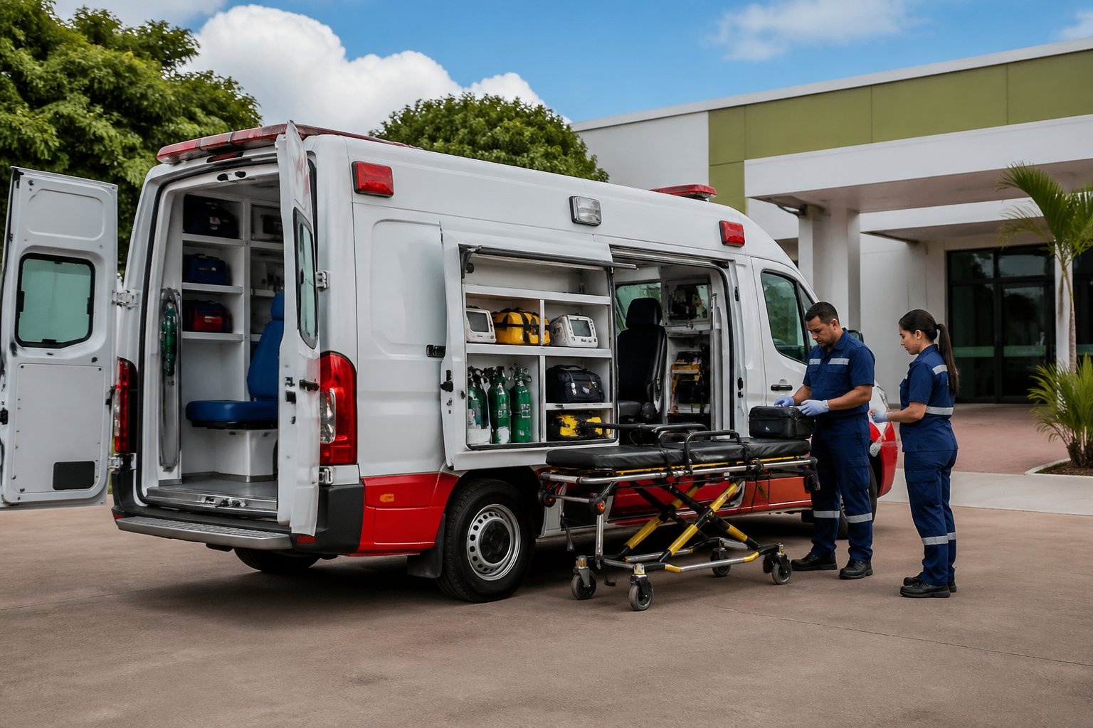 Ambulância moderna estacionada em frente a uma unidade de saúde em São Carlos do Ivaí, com paramédicos preparando equipamentos médicos ao lado do veículo.