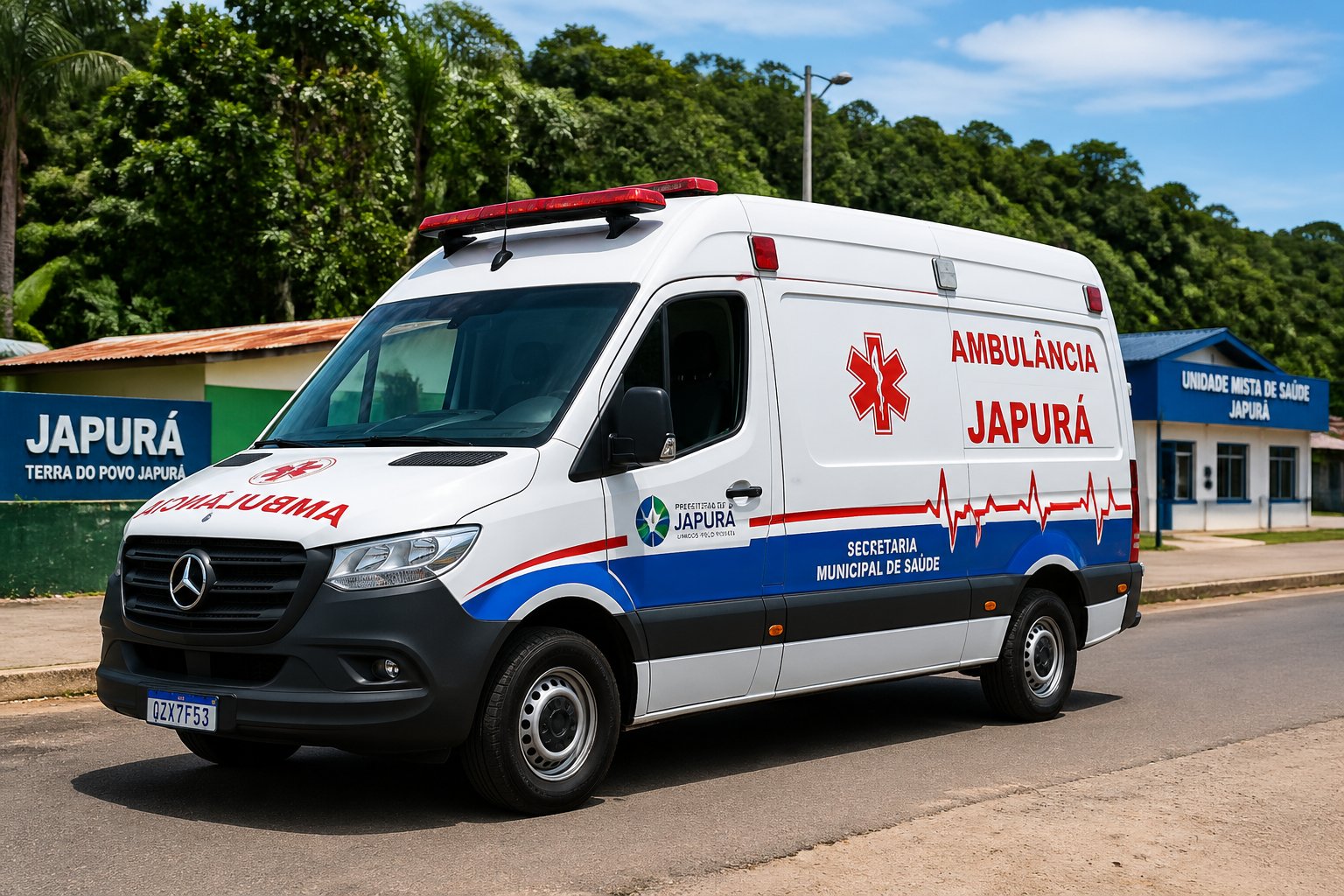 Ambulância em Japurá: Serviços de Emergência Médica na Região Amazônica Ambulância branca com marcas vermelhas e azuis estacionada em uma estrada cercada por vegetação tropical em Japurá.
