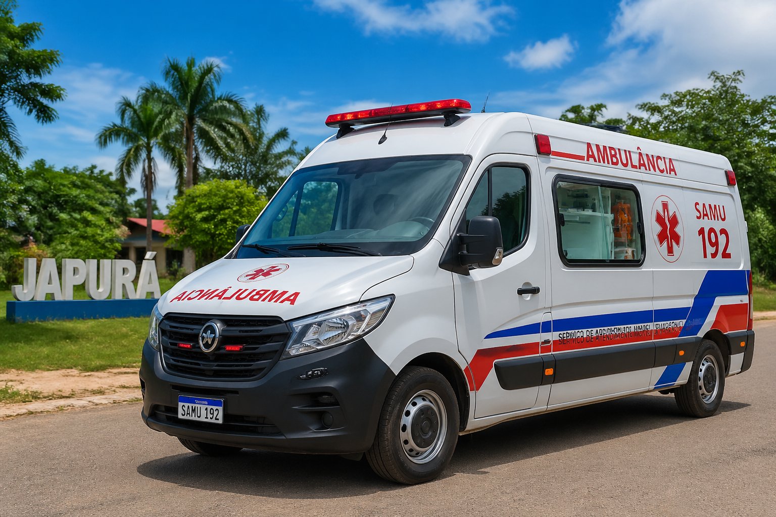 Ambulância em Japurá: Serviços de Emergência Médica na Região Amazônica Ambulância branca com marcações vermelhas e azuis estacionada em uma estrada cercada por vegetação tropical em Japurá.