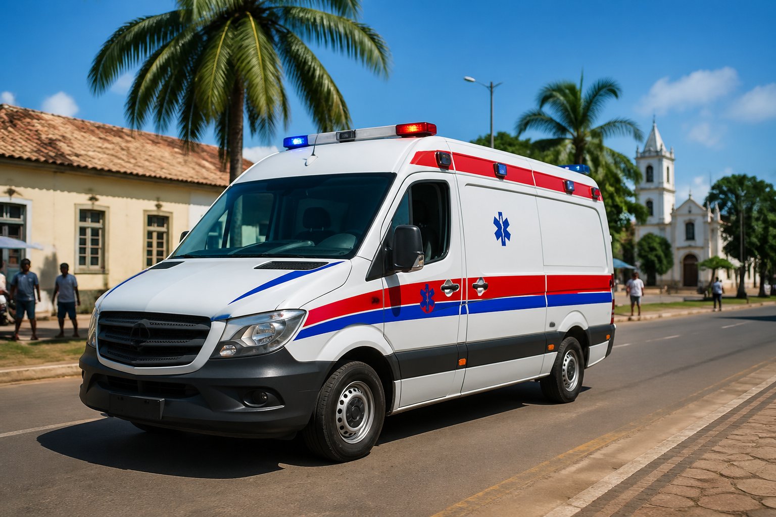 Ambulância em São Tomé: Serviços de Emergência Médica e Atendimento Pré-Hospitalar no Arquipélago Ambulância branca com marcações vermelhas e azuis estacionada em uma rua ensolarada em São Tomé, com árvores tropicais e pessoas ao fundo.