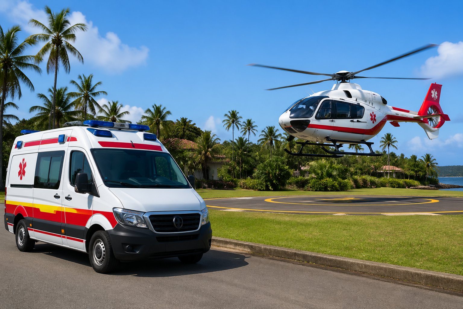 Ambulância em São Tomé: Serviços de Emergência Médica e Atendimento Pré-Hospitalar no Arquipélago Ambulância branca com marcações de emergência estacionada em uma estrada com vegetação tropical ao fundo e um helicóptero médico próximo em um heliponto.