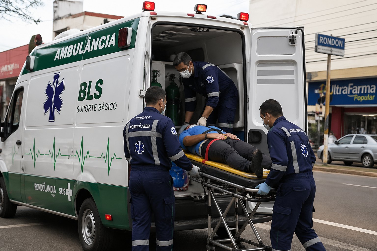 Ambulância em Rondon: Serviços de Atendimento Médico de Emergência na Região Ambulância de suporte básico em atendimento de emergência na rua de uma cidade, com paramédicos cuidando de um paciente em uma maca.