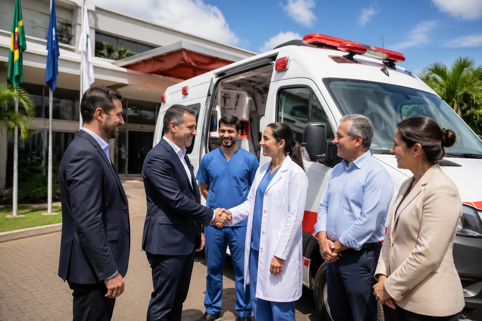 Ambulância em Rondon: Serviços de Atendimento Médico de Emergência na Região Entrega de uma nova ambulância em frente a uma unidade de saúde, com profissionais e autoridades reunidos, sorrindo e cumprimentando-se.