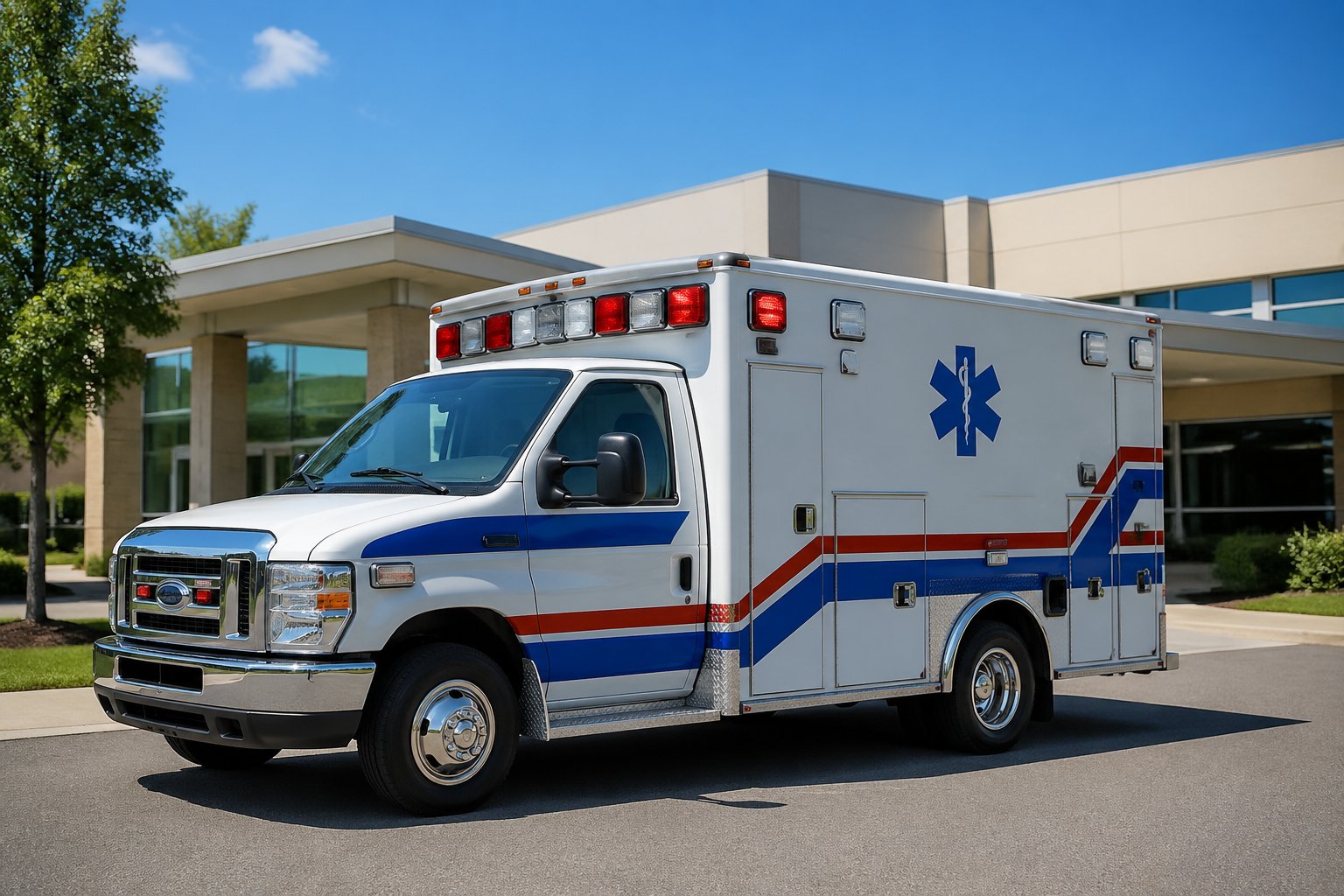 Ambulância moderna estacionada em frente a uma unidade de saúde em Doutor Camargo em um dia ensolarado.